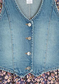 Girls 7-16 Printed Challis Wrap Dress with Denim Vest