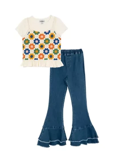 Girls 7-16 Crochet Knit T-Shirt and Flared Pants Set
