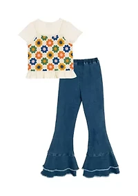 Girls 7-16 Crochet Knit T-Shirt and Flared Pants Set
