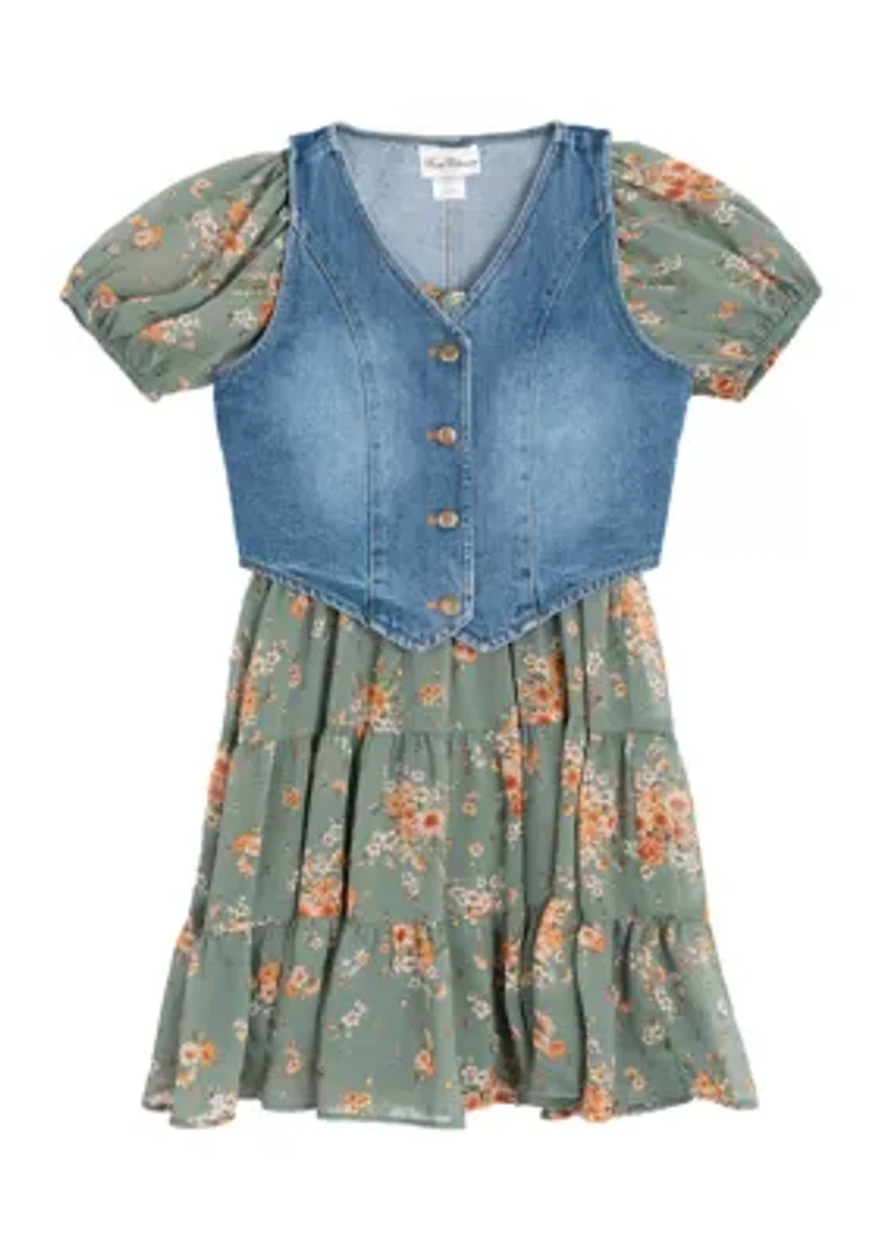 Girls 7-16 Printed Puff Sleeve Dress and Denim Vest Set