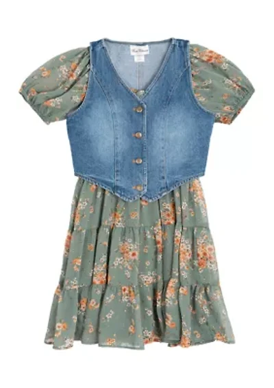 Girls 7-16 Printed Puff Sleeve Dress and Denim Vest Set