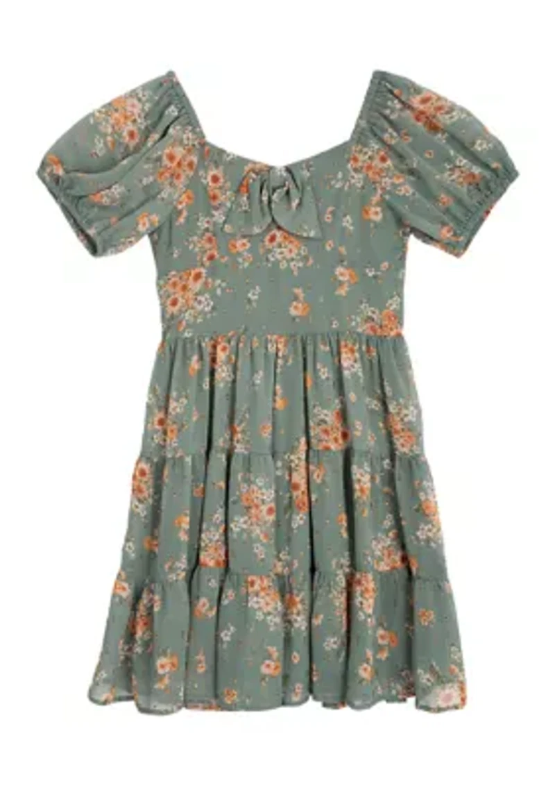 Girls 7-16 Printed Puff Sleeve Dress and Denim Vest Set