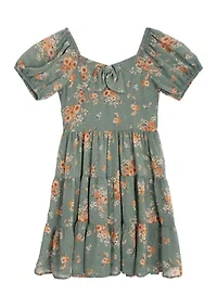 Girls 7-16 Printed Puff Sleeve Dress and Denim Vest Set