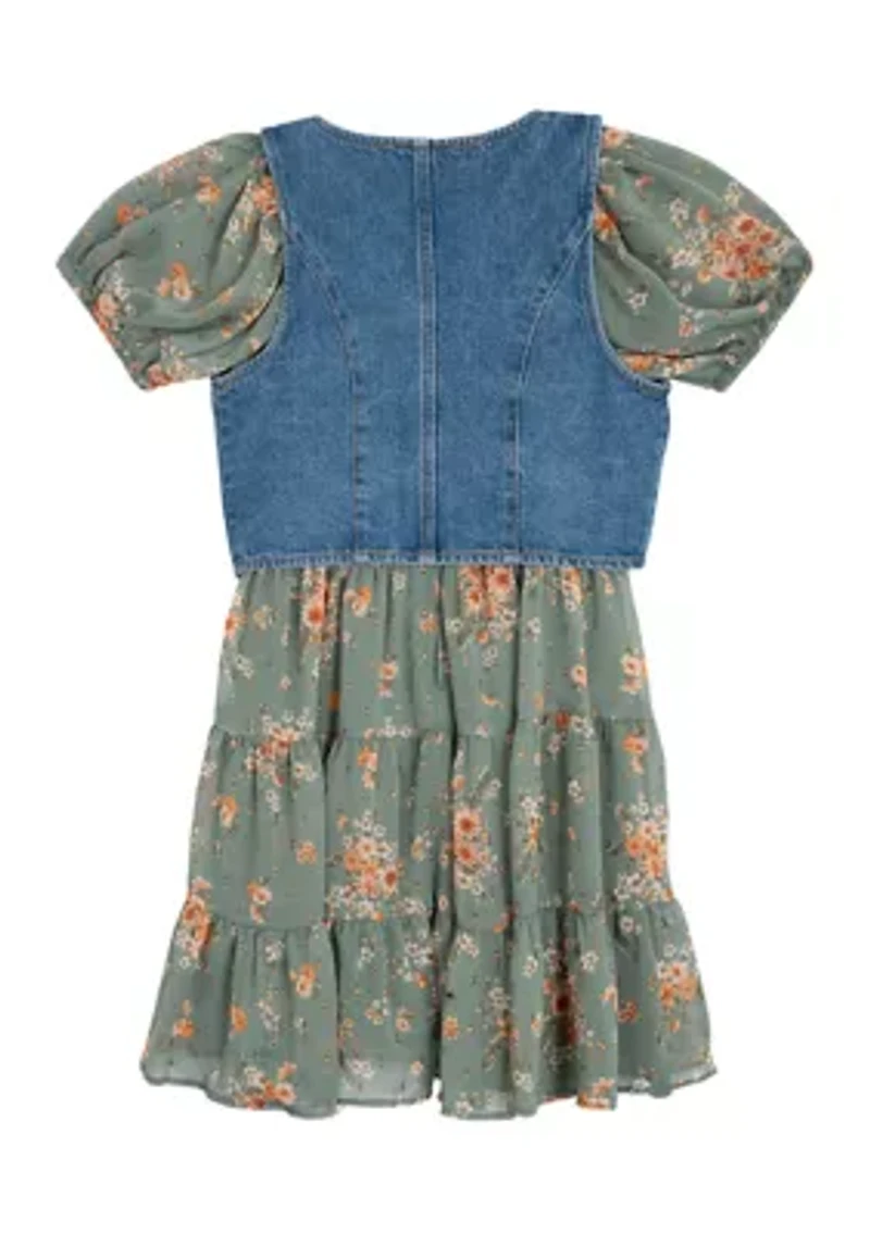 Girls 7-16 Printed Puff Sleeve Dress and Denim Vest Set