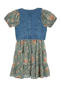 Girls 7-16 Printed Puff Sleeve Dress and Denim Vest Set
