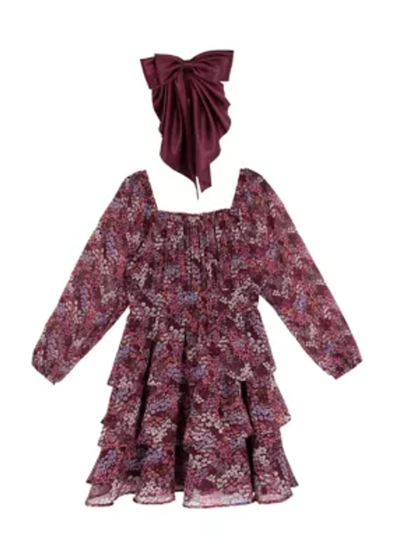 Girls 7-16 Floral Tiered Chiffon Dress with Bow