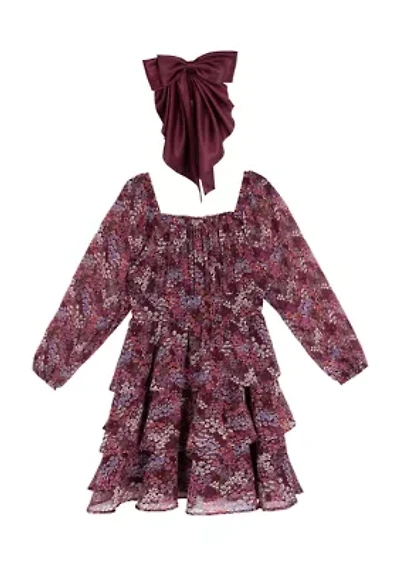 Girls 7-16 Floral Tiered Chiffon Dress with Bow