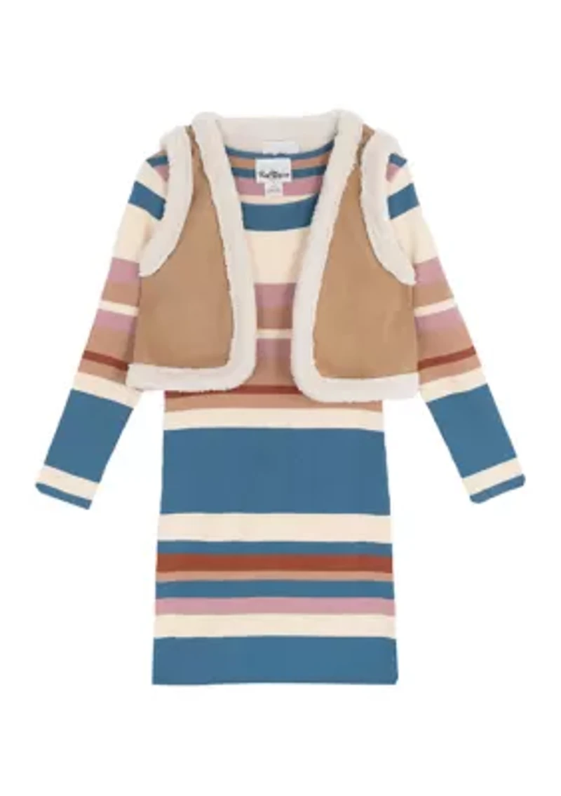Girls 7-16 Long Sleeve Striped Sweater Dress and Vest Set