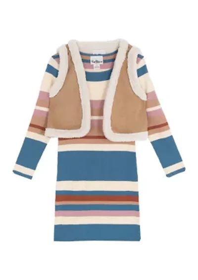 Girls 7-16 Long Sleeve Striped Sweater Dress and Vest Set