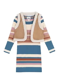 Girls 7-16 Long Sleeve Striped Sweater Dress and Vest Set