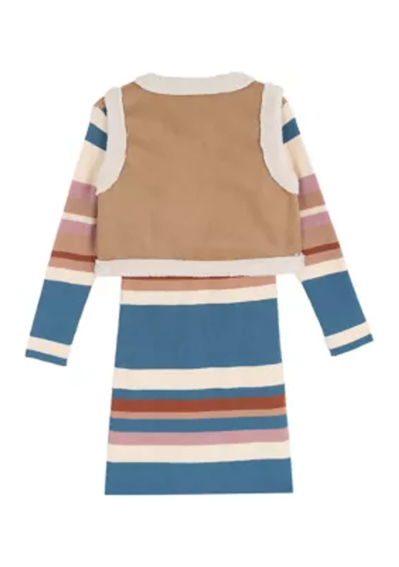 Girls 7-16 Long Sleeve Striped Sweater Dress and Vest Set
