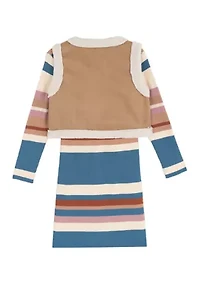 Girls 7-16 Long Sleeve Striped Sweater Dress and Vest Set