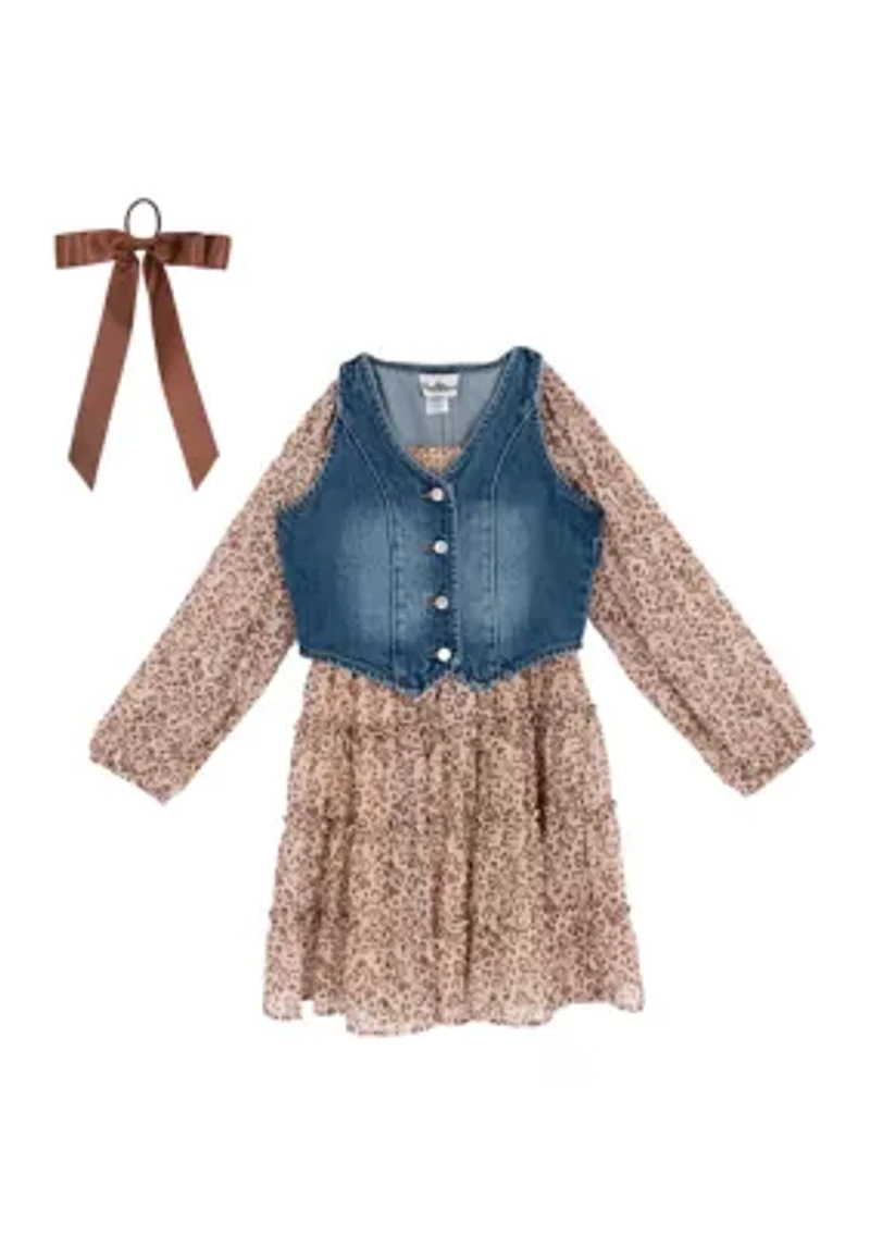 Girls 7-16 Floral Chiffon Dress with Denim Vest