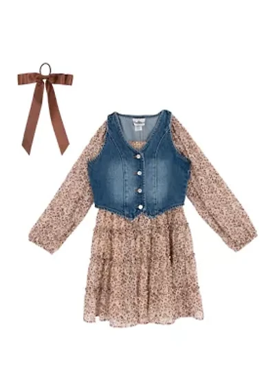 Girls 7-16 Floral Chiffon Dress with Denim Vest