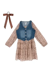 Girls 7-16 Floral Chiffon Dress with Denim Vest
