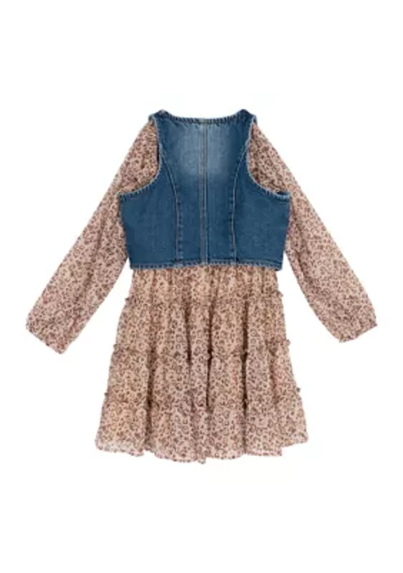 Girls 7-16 Floral Chiffon Dress with Denim Vest