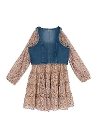 Girls 7-16 Floral Chiffon Dress with Denim Vest