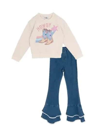Girls 7-16 Howdy Graphic Ruffle Sweatshirt and Denim Bell Bottoms Set