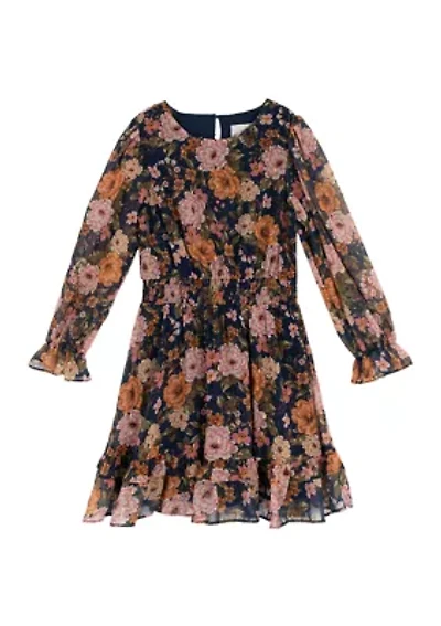 Girls 7-16 Blouson Sleeve Dark Floral Chiffon Dress