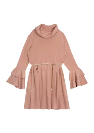 Girls 7-16 Metallic Rib Knit Dress with Pearl Belt