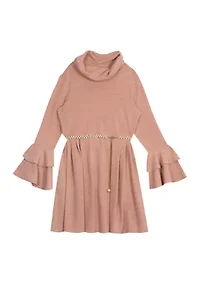 Girls 7-16 Metallic Rib Knit Dress with Pearl Belt