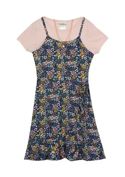 Girls 7-16 Floral Printed Woven Wrap Skirt Jumper with Knit T-Shirt
