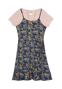 Girls 7-16 Floral Printed Woven Wrap Skirt Jumper with Knit T-Shirt