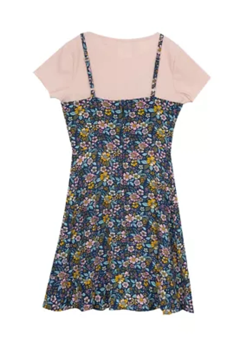 Girls 7-16 Floral Printed Woven Wrap Skirt Jumper with Knit T-Shirt