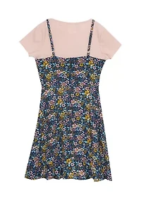Girls 7-16 Floral Printed Woven Wrap Skirt Jumper with Knit T-Shirt