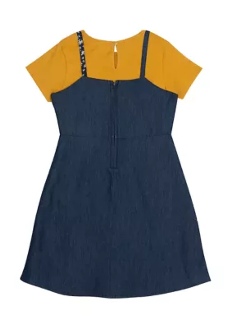 Girls 7-16 Patchwork Denim Jumper with Knit T-Shirt