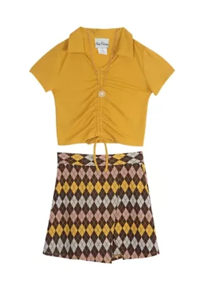 Girls 7-16 Knit Cinched Front T-Shirt and Argyle Skort Set