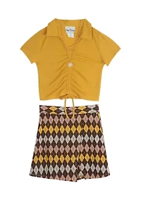 Girls 7-16 Knit Cinched Front T-Shirt and Argyle Skort Set