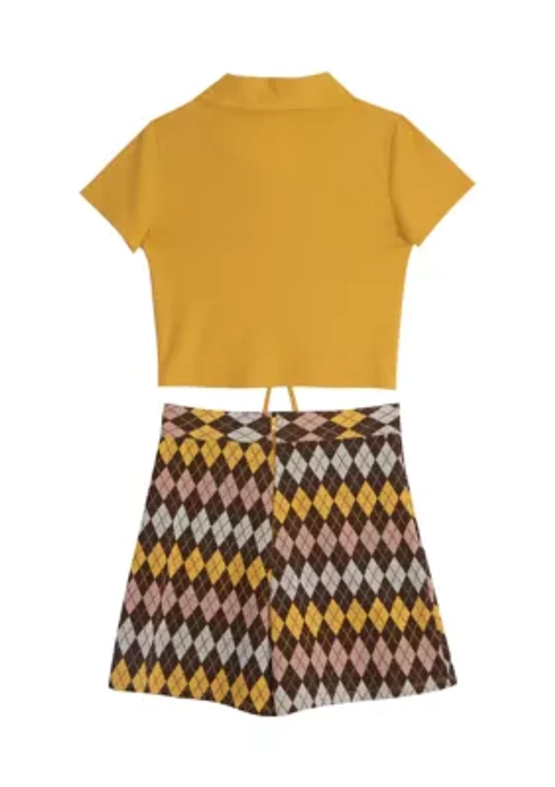 Girls 7-16 Knit Cinched Front T-Shirt and Argyle Skort Set