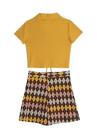 Girls 7-16 Knit Cinched Front T-Shirt and Argyle Skort Set