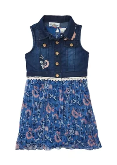 Girls 4-6x 2 Piece Pleated Printed Lurex Chiffon Dress and Denim Vest