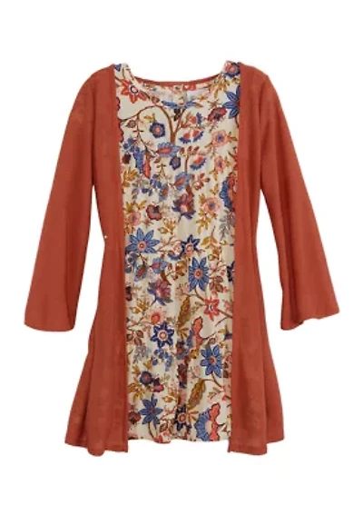 Girls 4-6x Multi Colored Floral Printed Dress with Cardigan