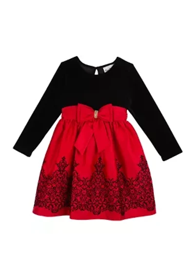 Girls 4-6x Velvet Bodice to Flocking Satin Skirt Dress
