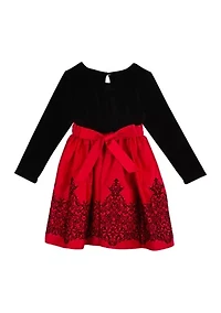 Girls 4-6x Velvet Bodice to Flocking Satin Skirt Dress