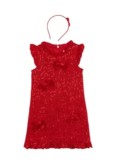 Girls 4-6x Sequin Ruffle Tweed Dress with Headband