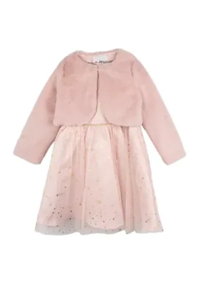 Girls 4-6x Foil Stars Dress with Matching Fur Jacket