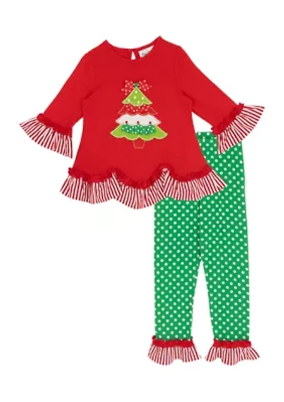 Girls 4-6x Tree Graphic Bell Sleeve Top and Dot Legging Set