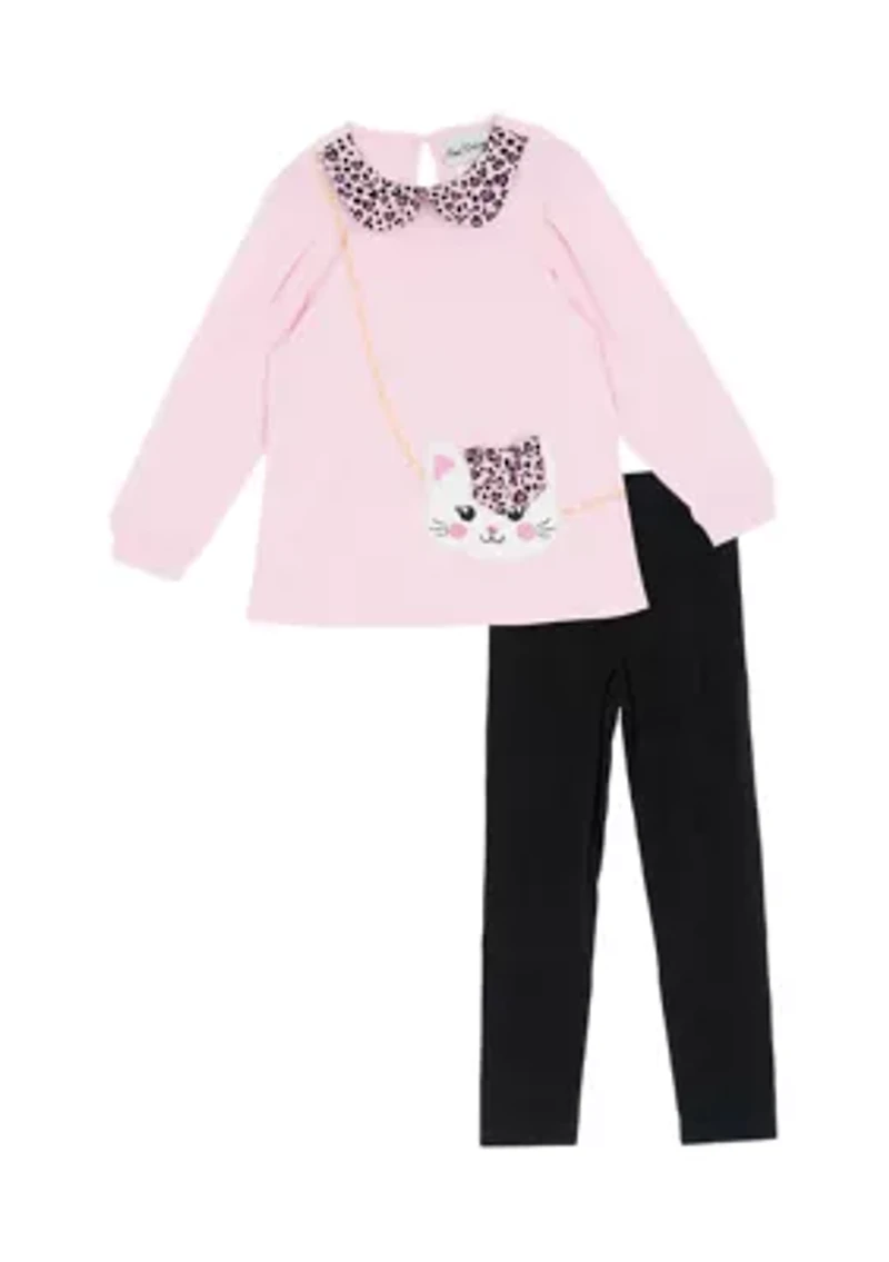Girls 4-6x Long Sleeve Cat Top and Solid Legging Set