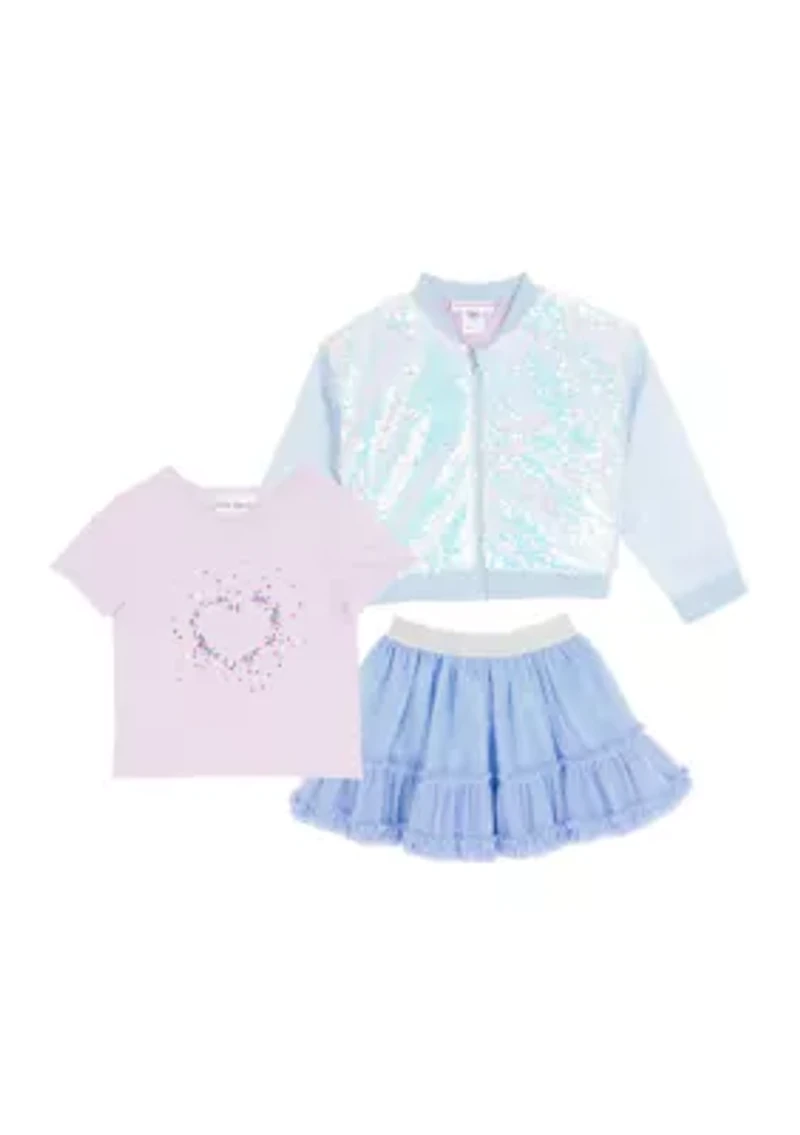 Girls 4-6x Sequin Jacket, Skirt and Heart Graphic T-Shirt