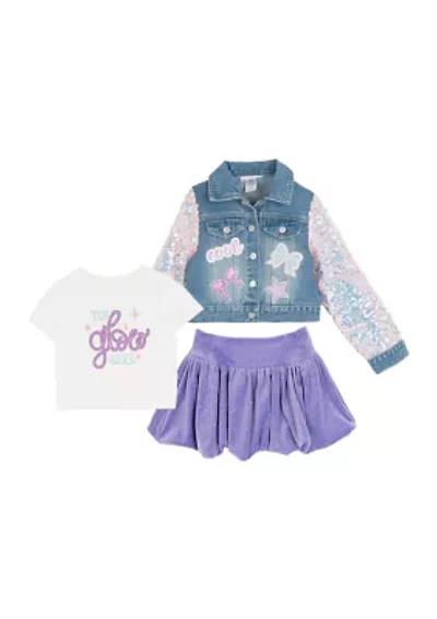 Girls 4-6x Denim Sequin Jacket 3-Piece Skirt Set