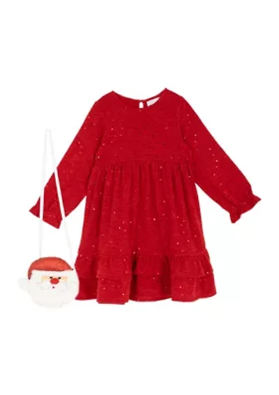 Girls 4-6x Red Glitter Ruffle Dress with Santa Handbag