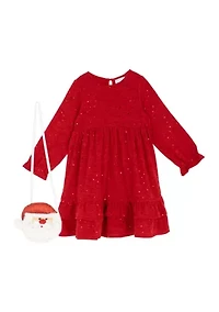 Girls 4-6x Red Glitter Ruffle Dress with Santa Handbag