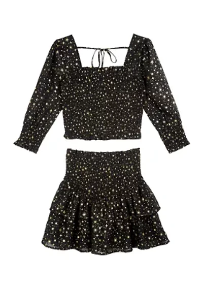 Girls 7-16 Foil Printed Chiffon Smocked Top and Skirt Set