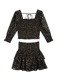 Girls 7-16 Foil Printed Chiffon Smocked Top and Skirt Set