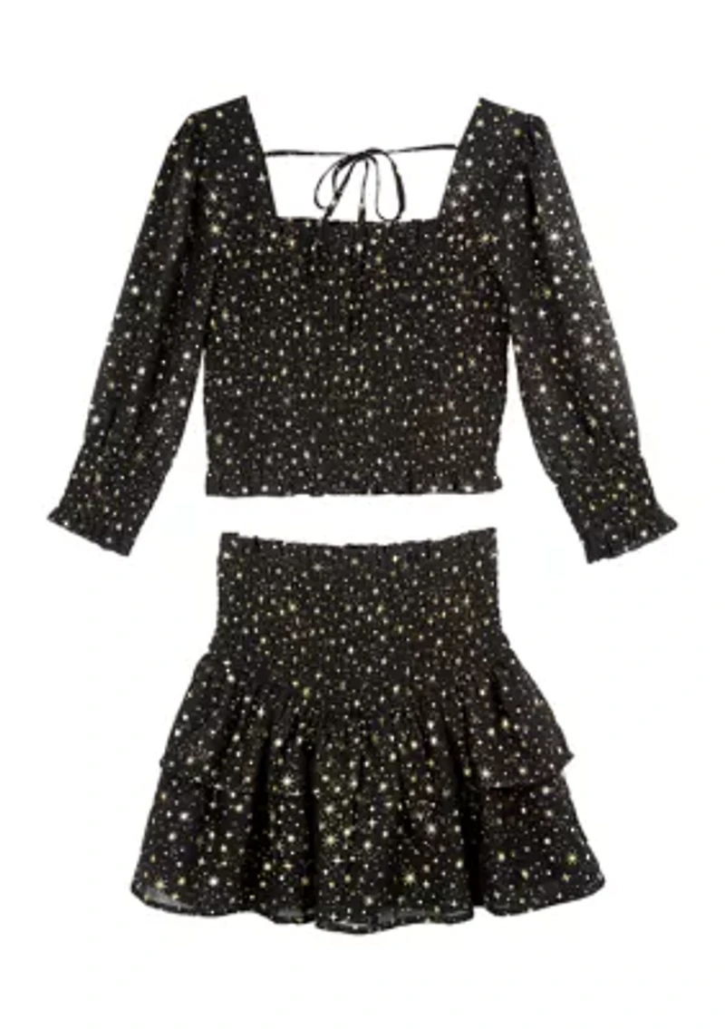 Girls 7-16 Foil Printed Chiffon Smocked Top and Skirt Set
