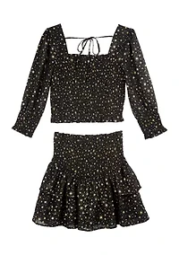 Girls 7-16 Foil Printed Chiffon Smocked Top and Skirt Set